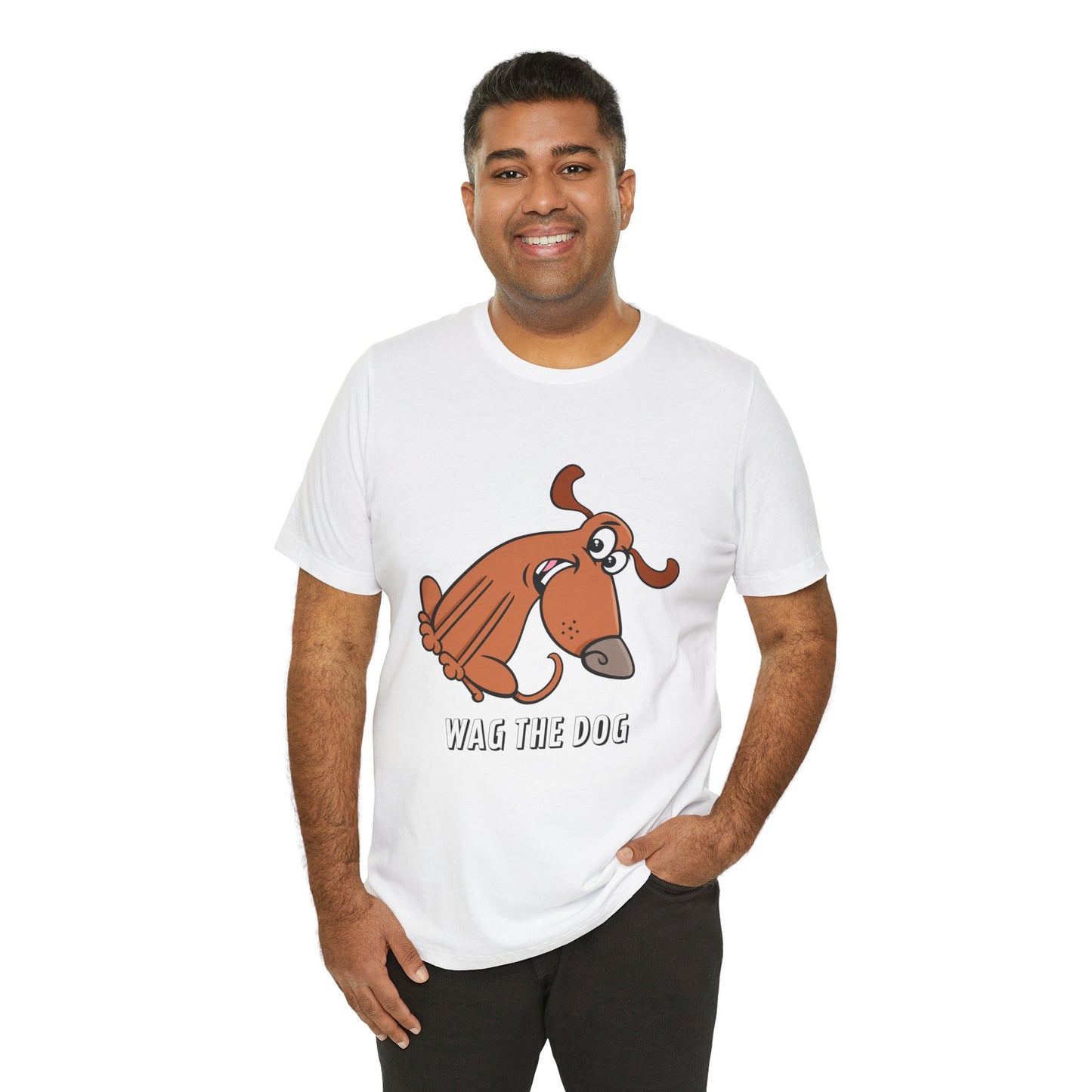 Male model wearing a white Wag the Dog graphic t-shirt for movie lovers and political satire fans.