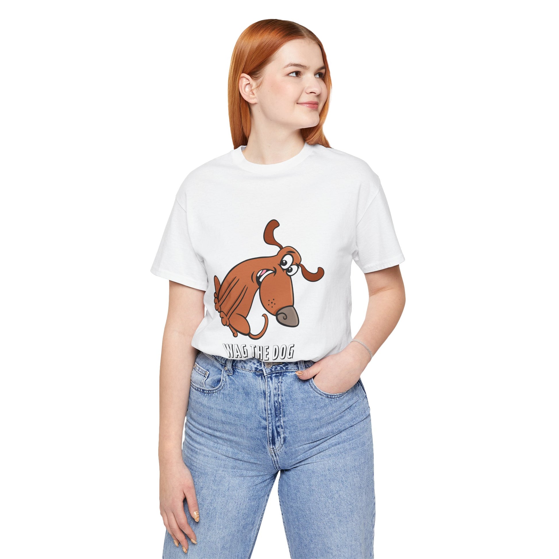 Female model wearing a white Wag the Dog graphic t-shirt inspired by the classic political satire film.