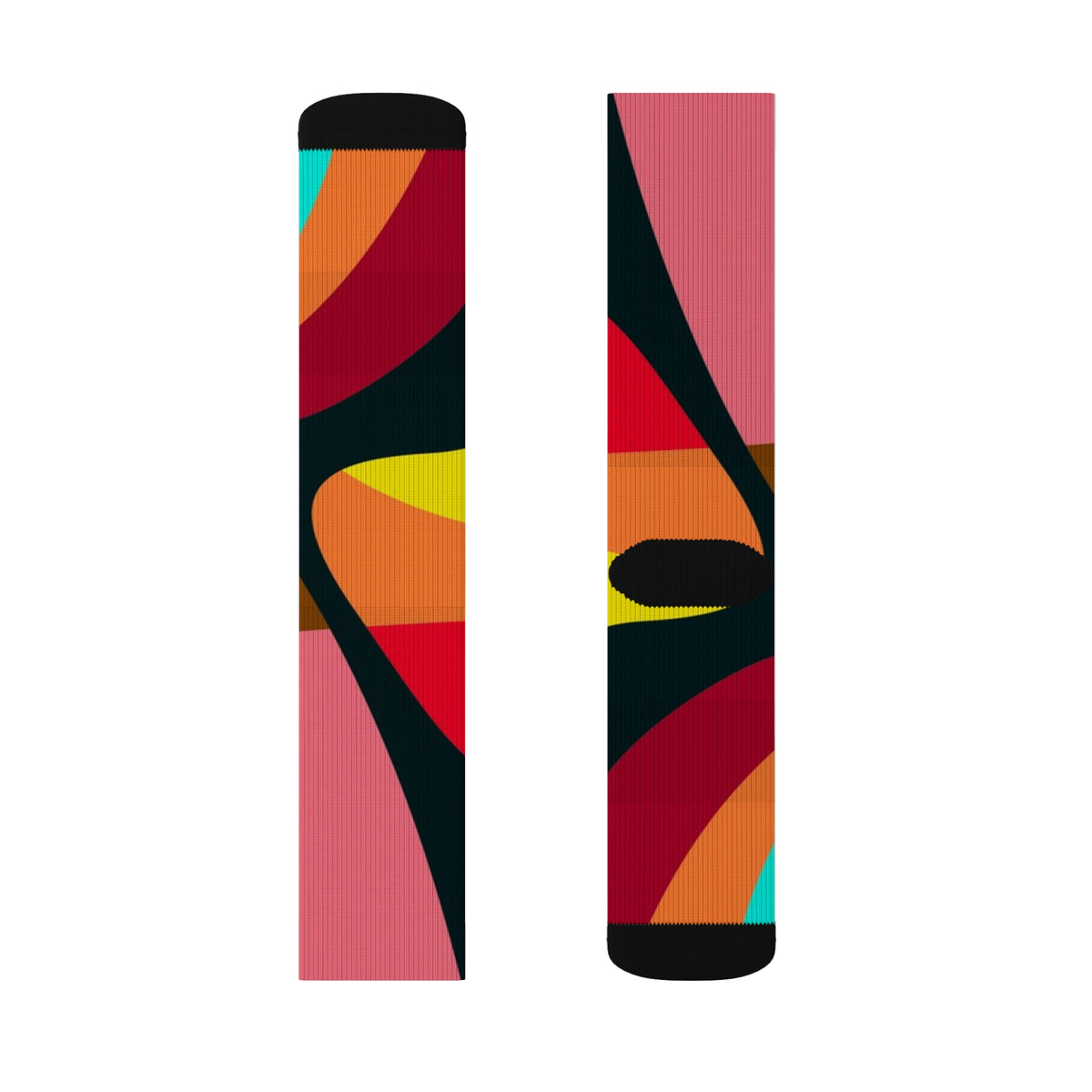 Side view of Warm Colors Swirl crew socks with bold warm-tone geometric pattern.