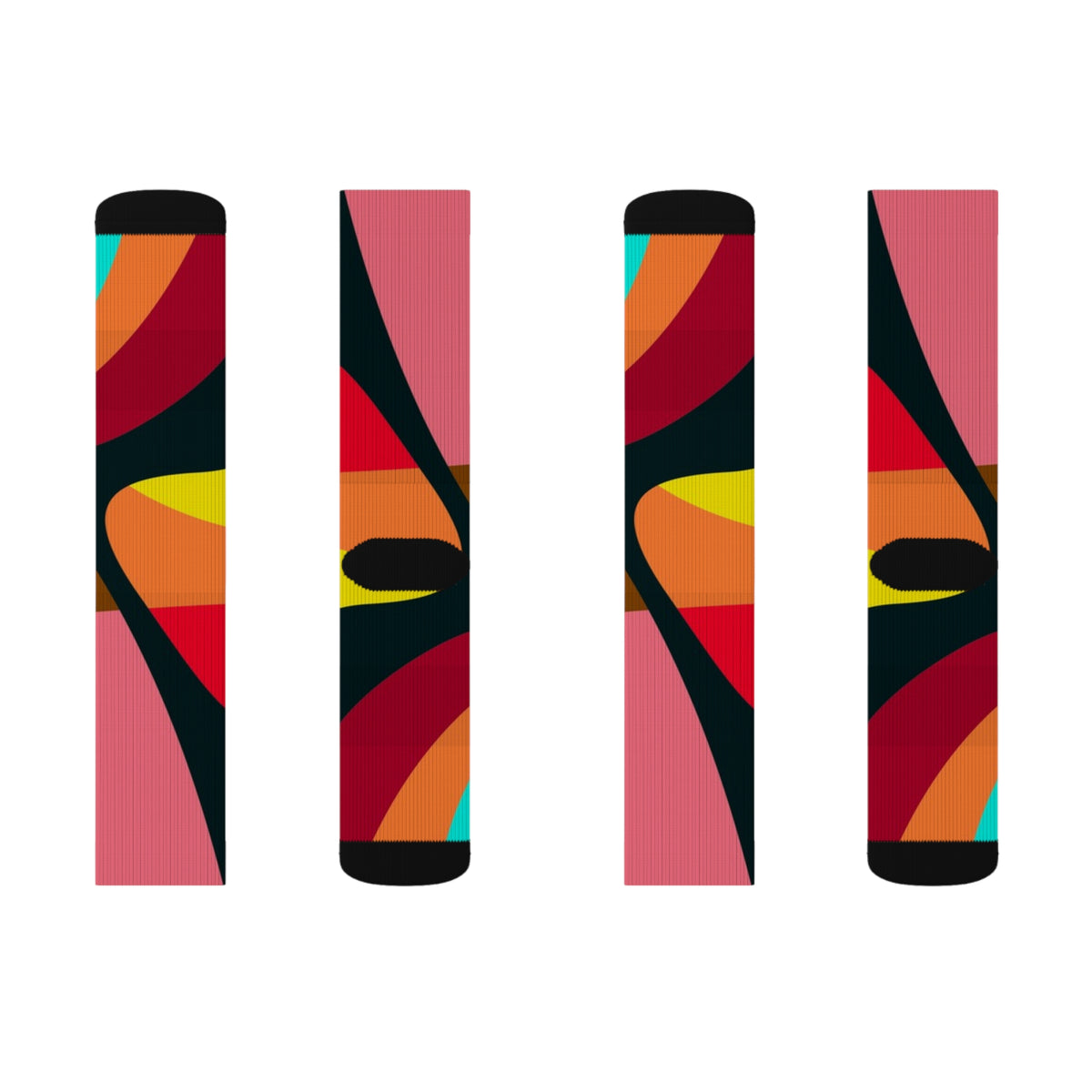 Multiple views of Warm Colors Swirl crew socks showing the red, orange, black and gold abstract pattern.