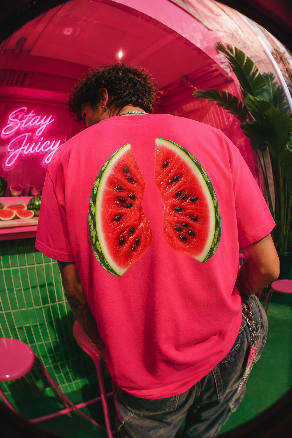 Gen Z wearing hot pink watermelon back print t-shirt in vibrant pink and green setting