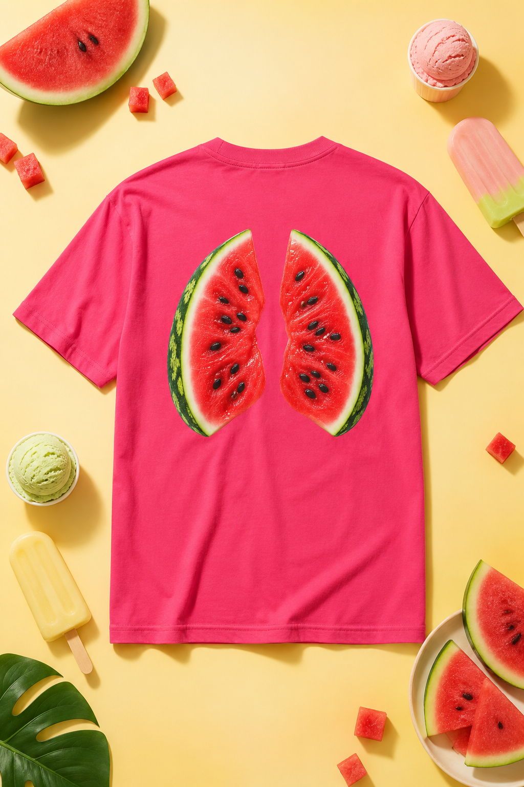 Hot pink watermelon graphic t-shirt with back print in colorful summer flat lay