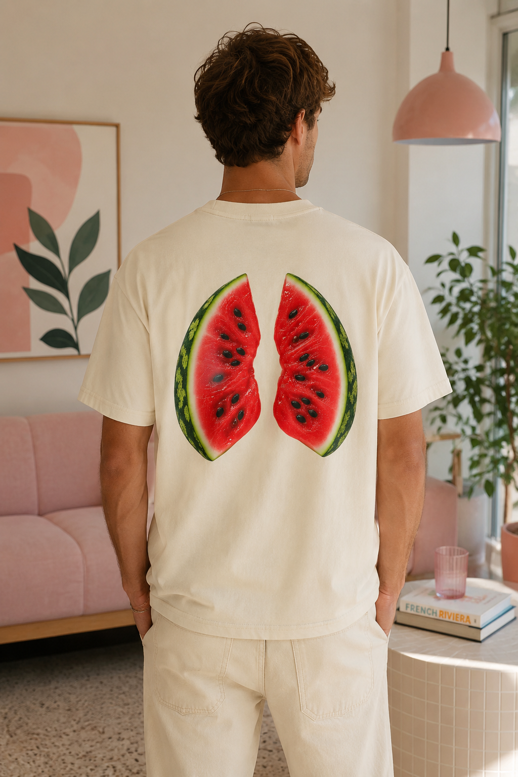 Millennial man wearing natural watermelon back print t-shirt in a modern pastel interior