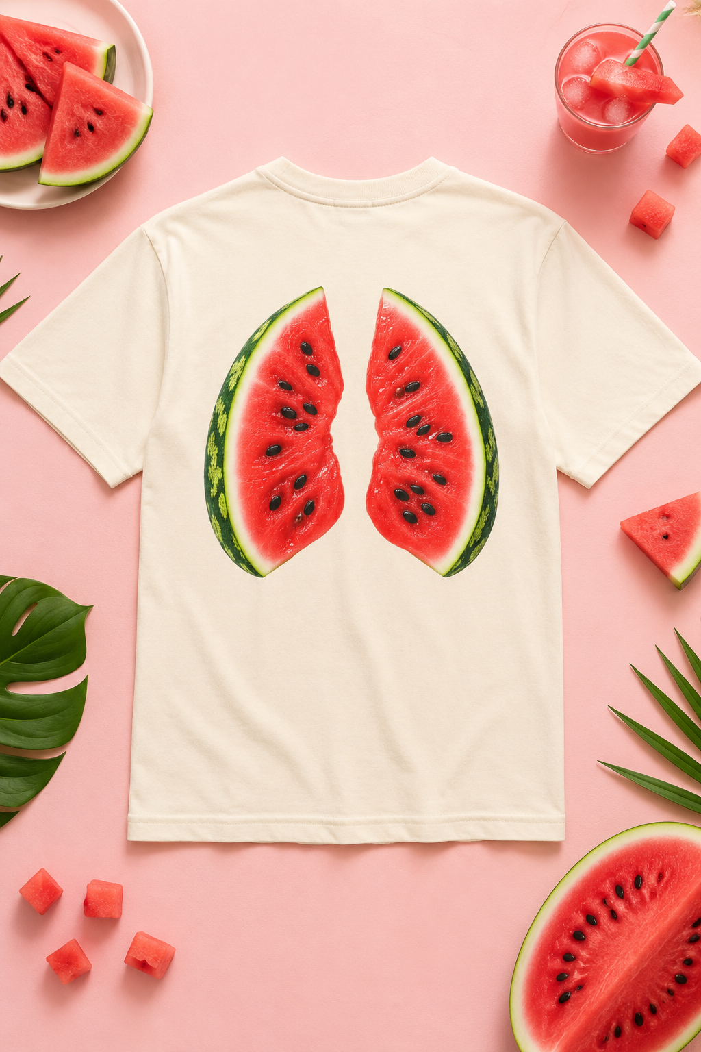 Natural heavyweight watermelon graphic t-shirt on pastel pink fruit flat lay