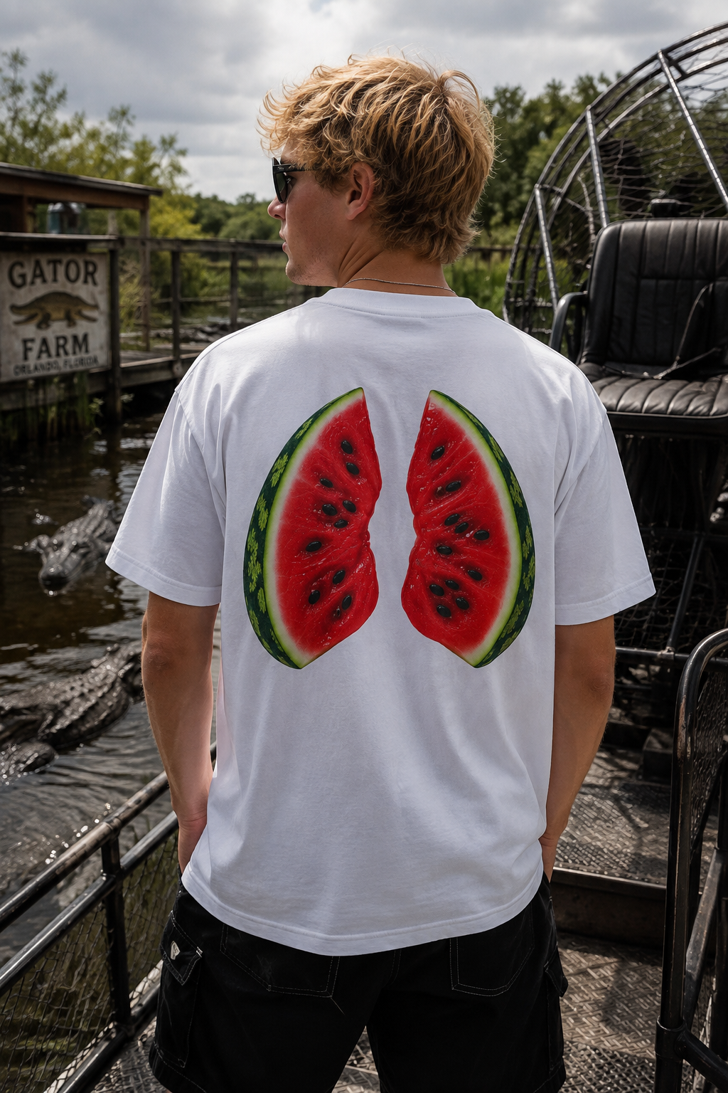 Gen Z man wearing white watermelon back print graphic t-shirt at an alligator farm