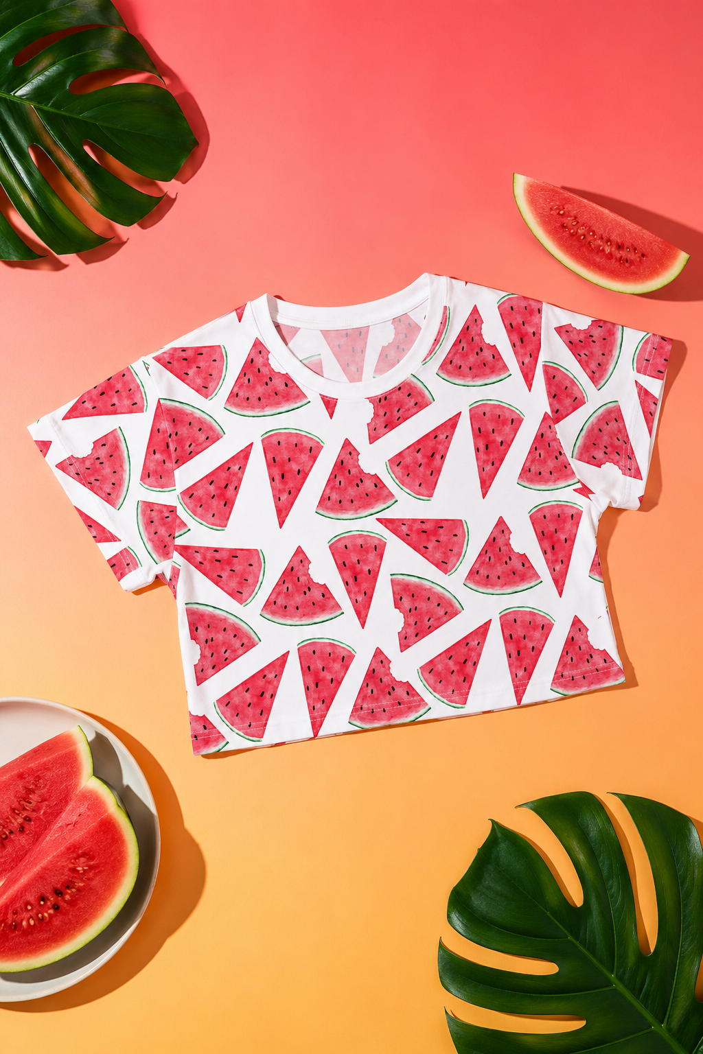 Watermelon print crop top styled in colorful summer flat lay with tropical fruit aesthetic