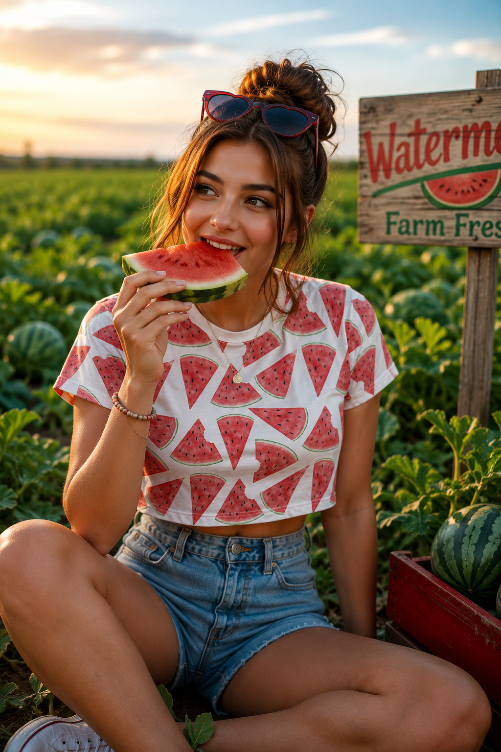 Woman wearing watermelon print crop top while eating watermelon in cinematic summer farm editorial scene