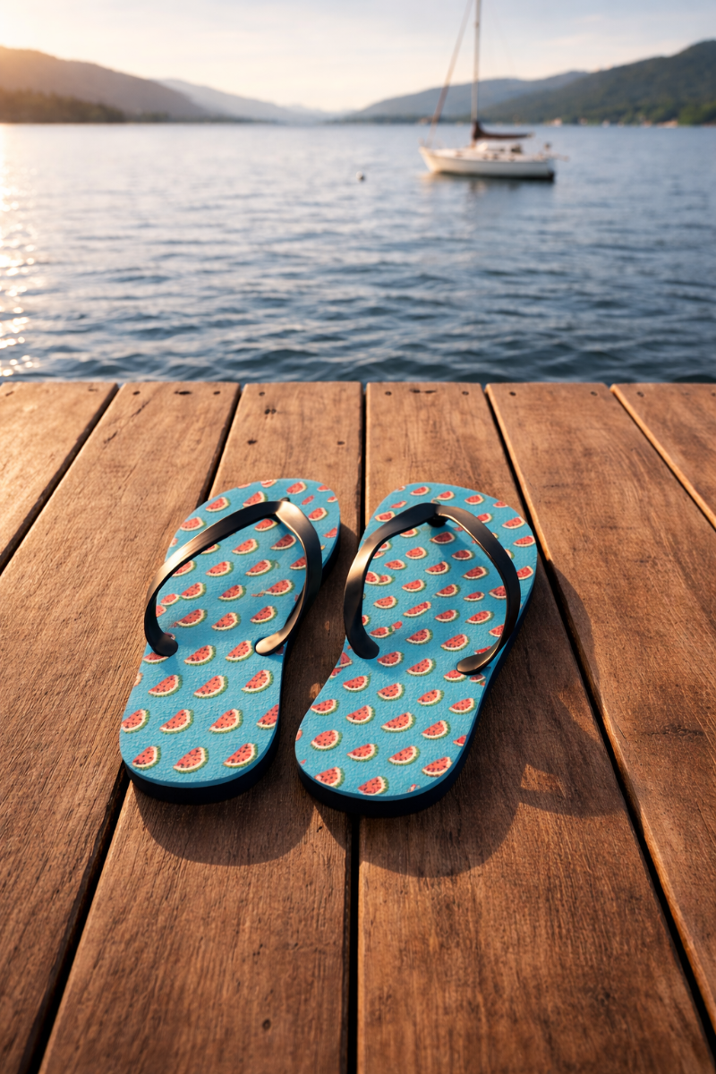 Watermelon flip flops on a wooden dock by the lake at sunset