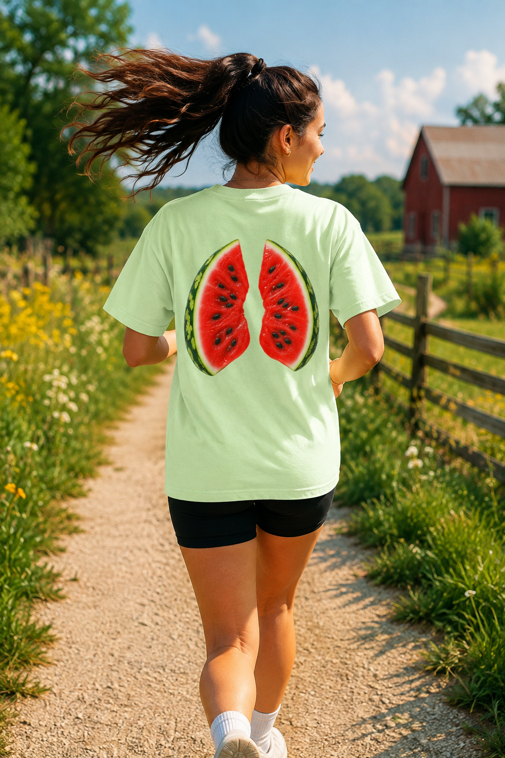 Gen Z woman wearing natural watermelon back print graphic t-shirt in vibrant lifestyle setting