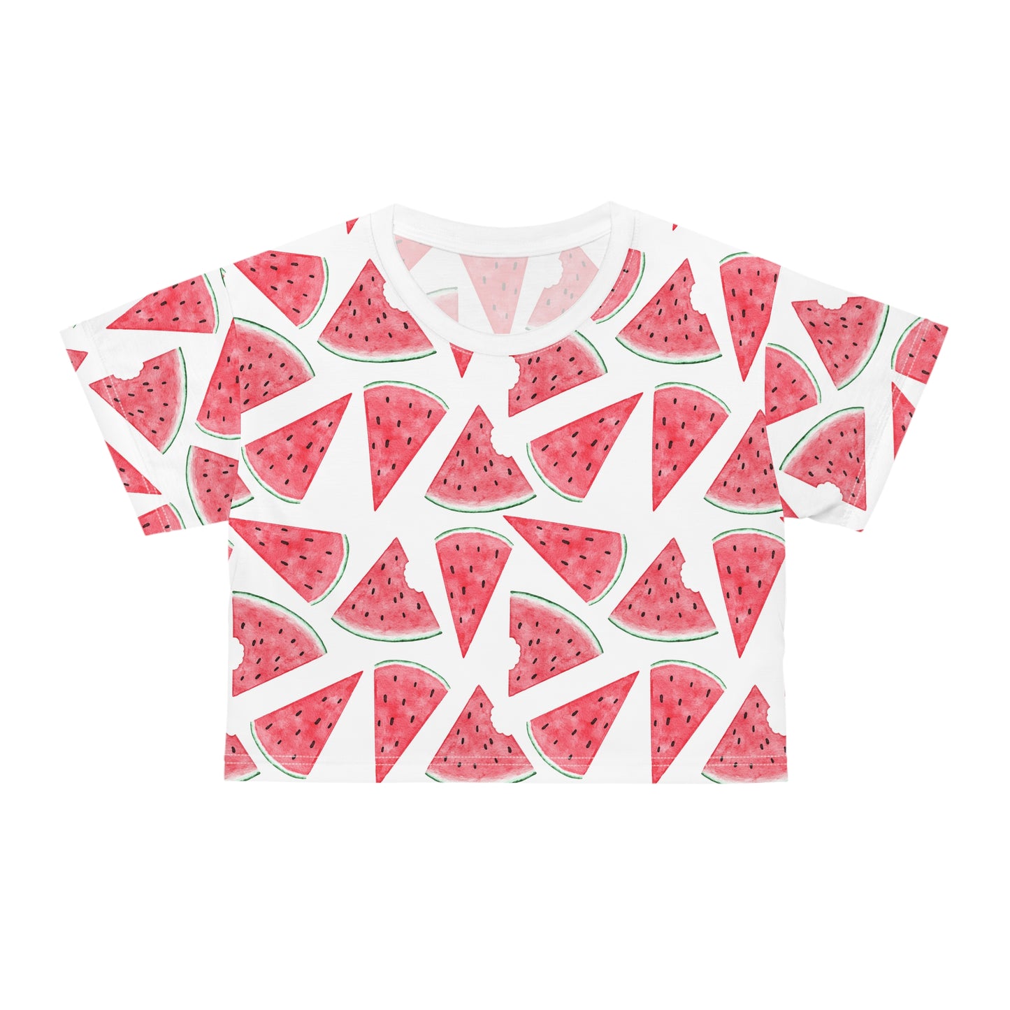 Front view of white watermelon print crop top with playful fruit graphics