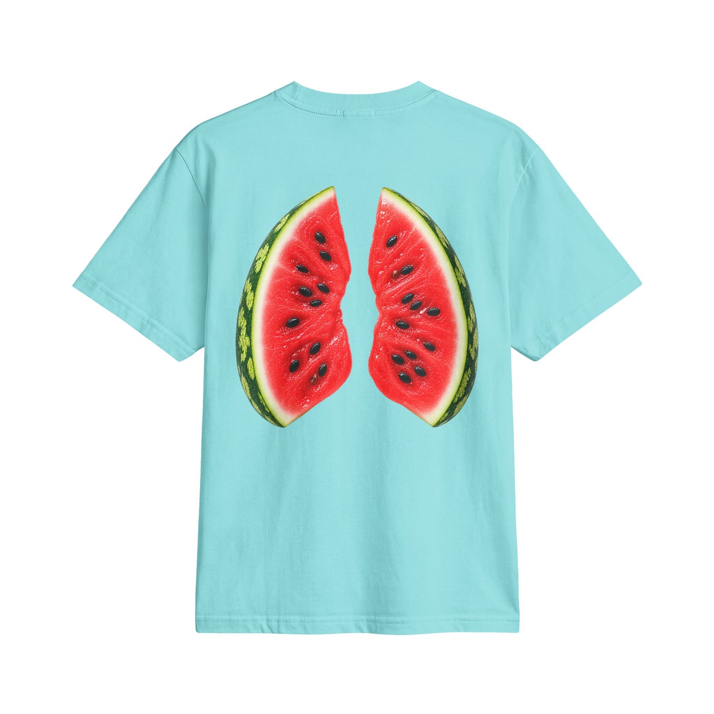 Close-up of watermelon back print on Tiffany blue graphic t-shirt in cinematic lifestyle setting