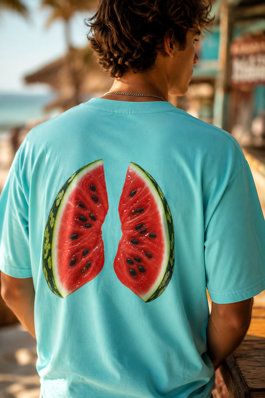 Close-up of watermelon back print on Tiffany blue graphic t-shirt in cinematic lifestyle setting