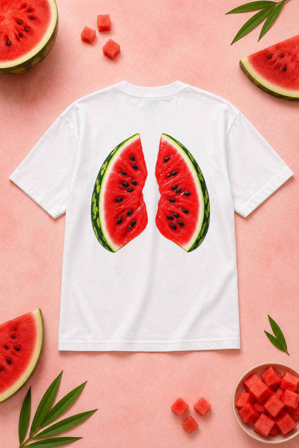 White watermelon graphic t-shirt with oversized wedge back print in summer flat lay