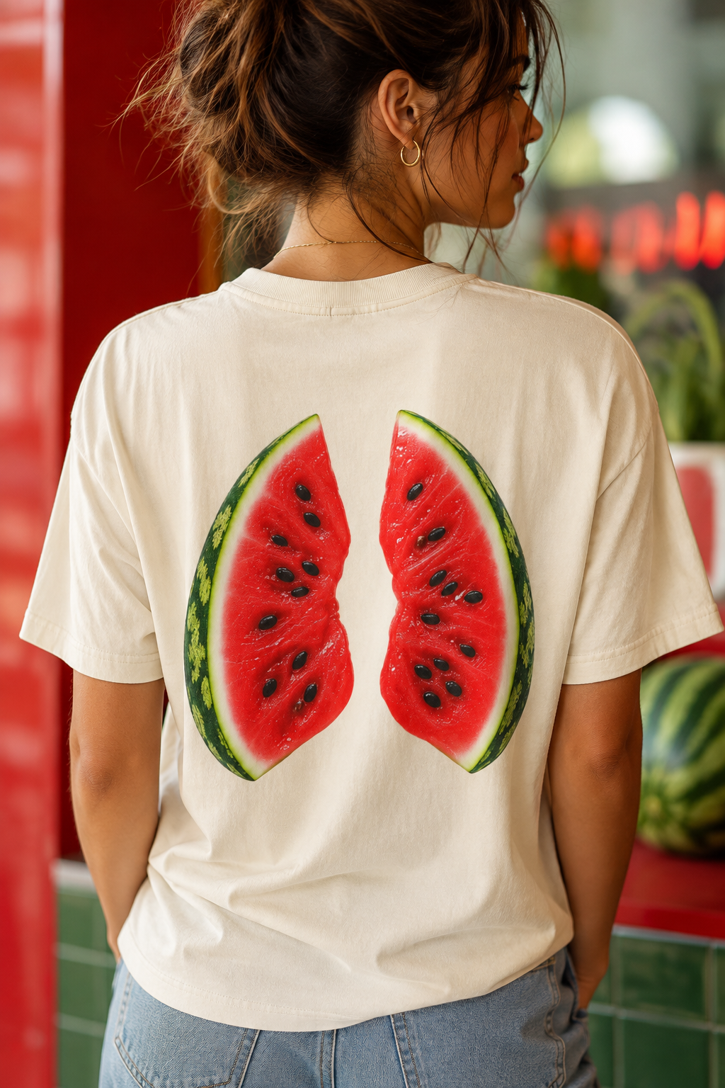 Tiffany blue graphic t-shirt with oversized watermelon wedge back design