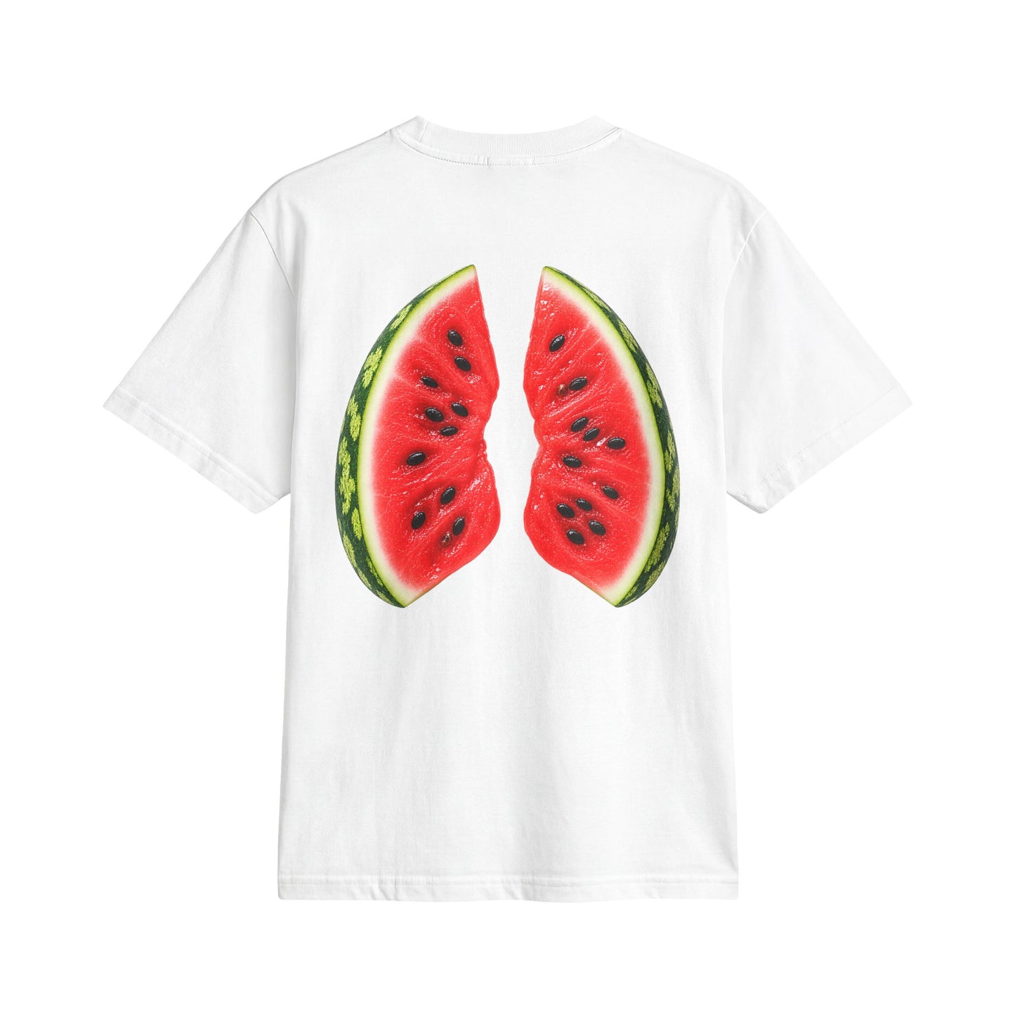 White heavyweight graphic t-shirt with watermelon wedge back print