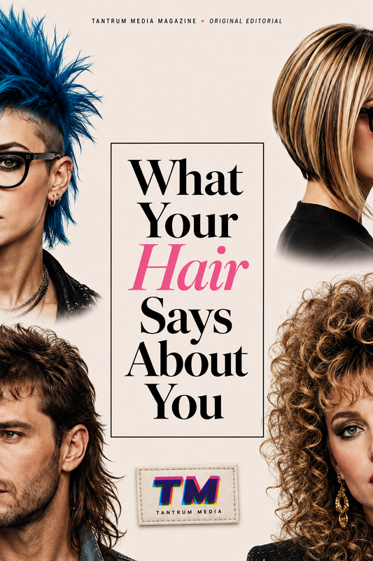 Editorial cover for What Your Hair Says About You featuring blue spiked hair, a blonde bob, a mullet and voluminous curls, from Tantrum Media Magazine.