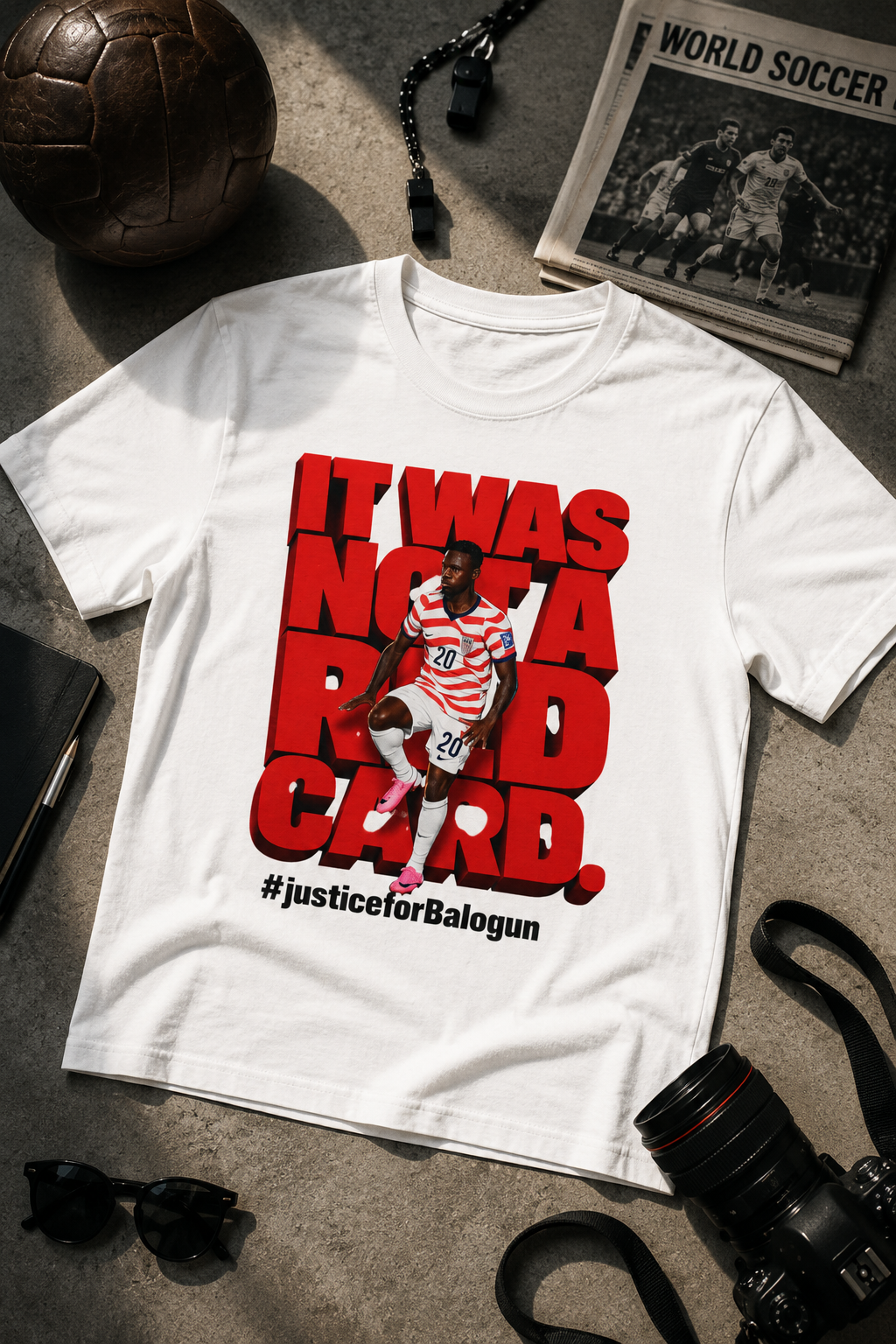 male model wearing white Balogun red card soccer graphic t-shirt
