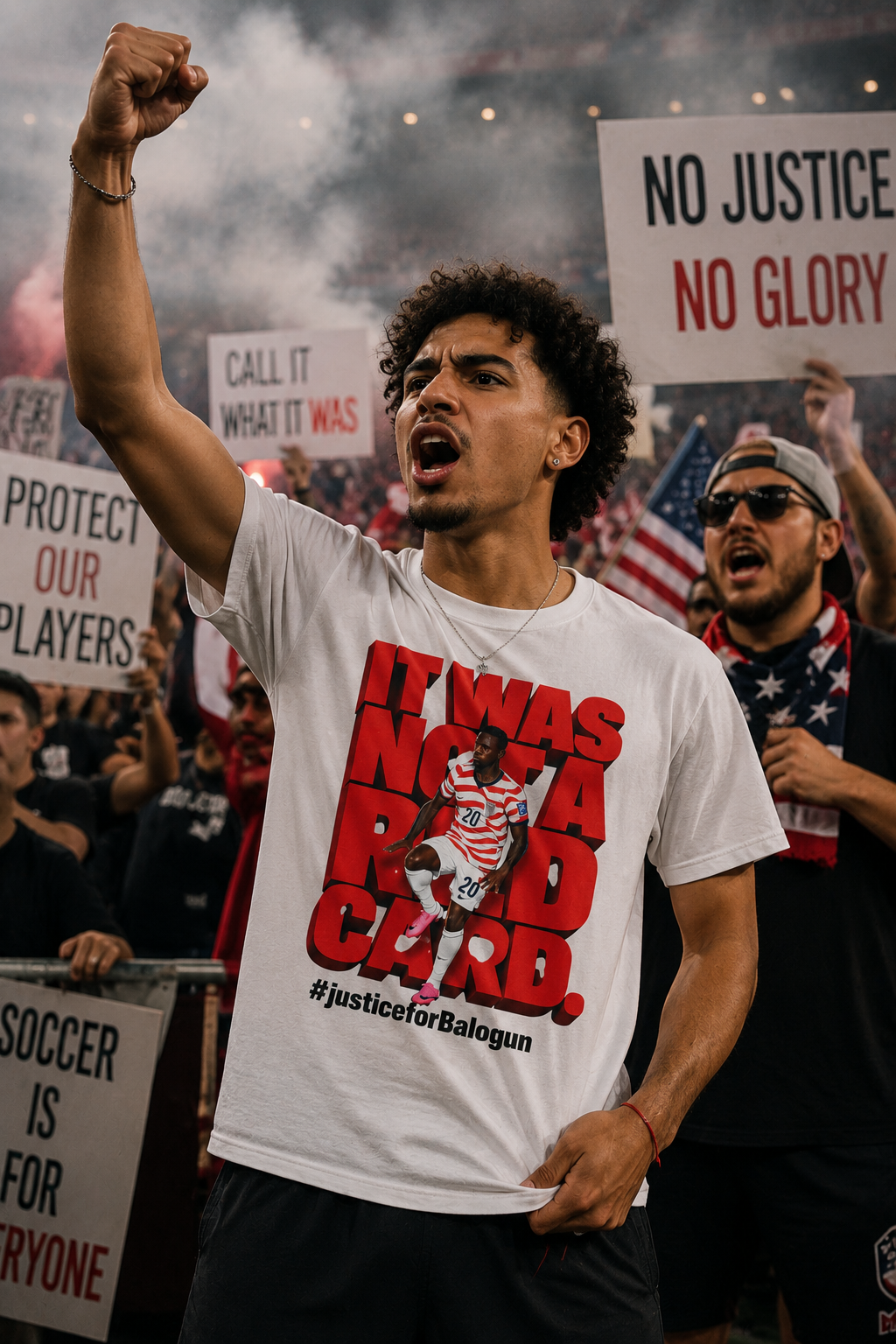 male model wearing white It Was Not a Red Card soccer protest shirt at stadium