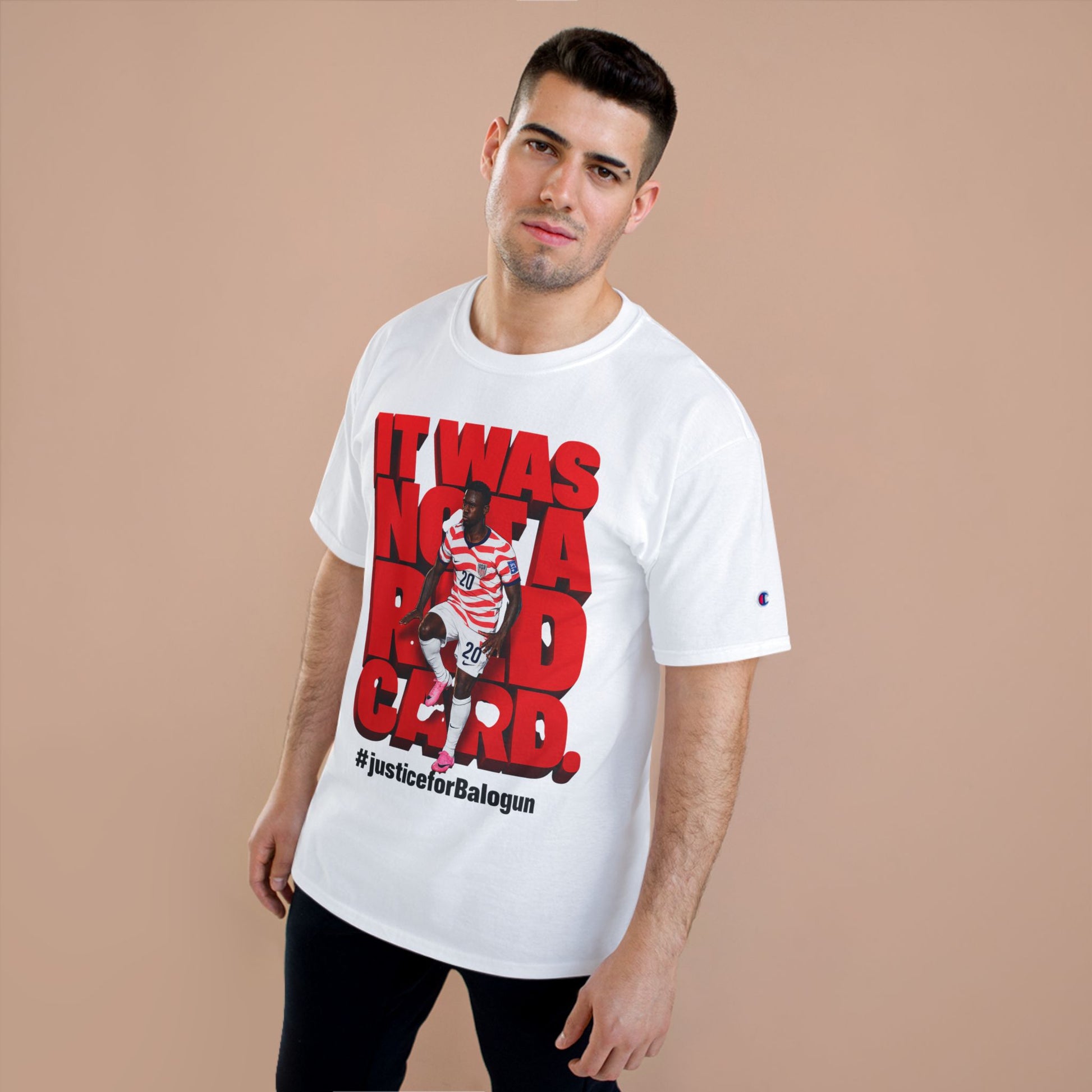 male model wearing white It Was Not a Red Card soccer shirt