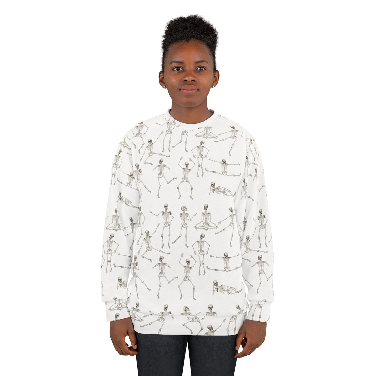 Female model wearing the White Dancing Skeletons Sweatshirt with black skeleton artwork