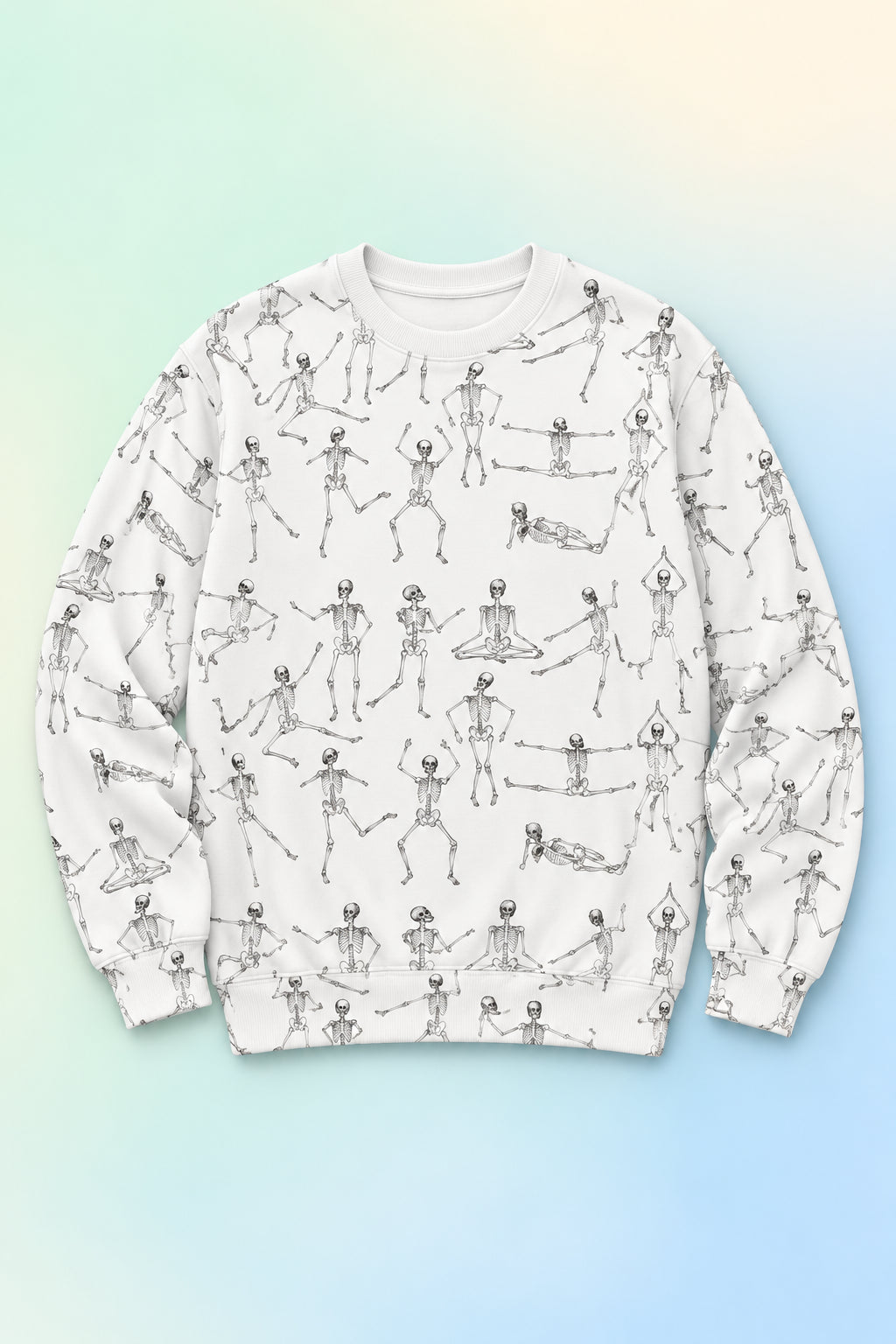 White Dancing Skeletons Sweatshirt flat lay with all-over black skeleton print