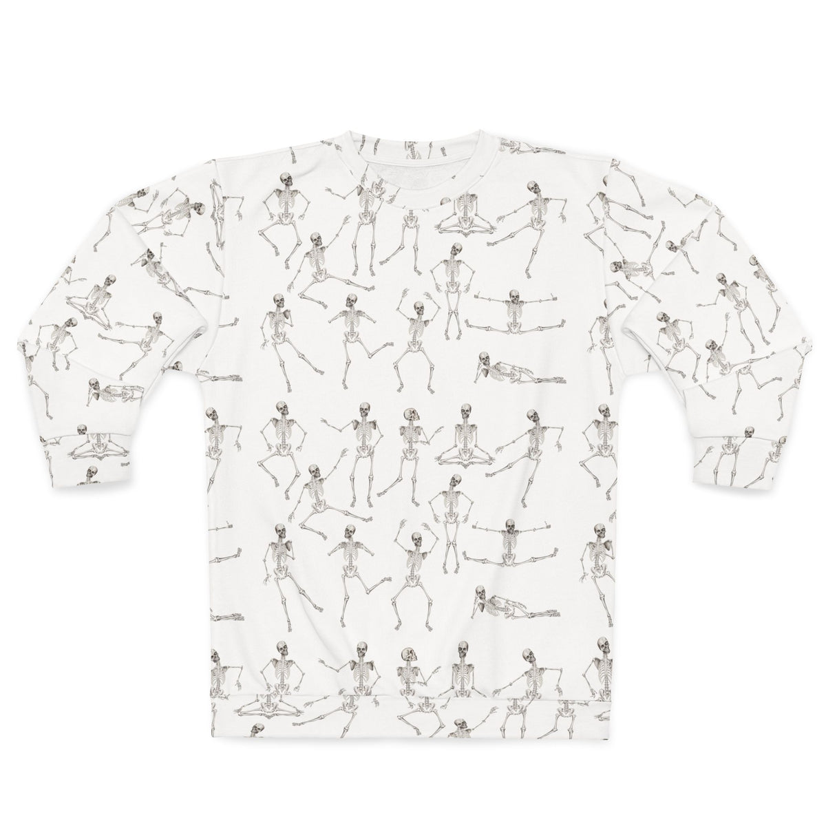Front view of the White Dancing Skeletons Sweatshirt with repeating black dancing skeleton design