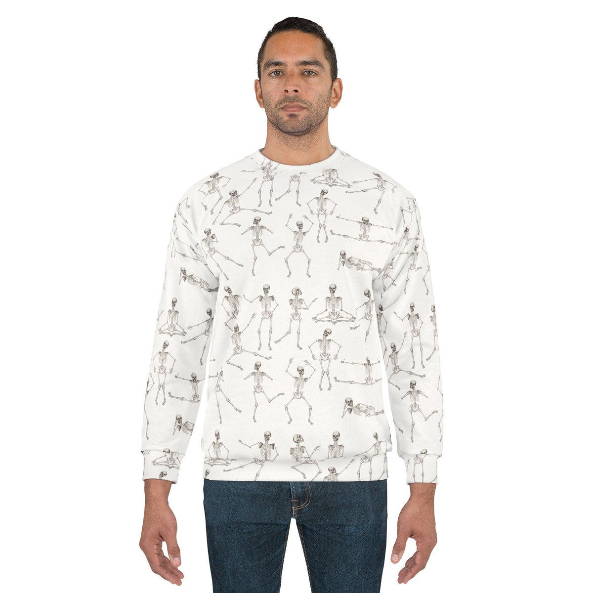 Male model wearing the White Dancing Skeletons Sweatshirt in a classic unisex fit