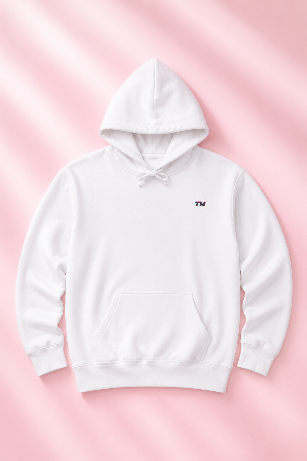 Tantrum Media EcoSmart white hoodie flat lay on a soft pastel pink background.