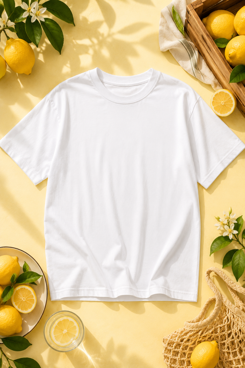 White heavyweight cotton T-shirt front view flat lay with lemons and orchard-inspired details