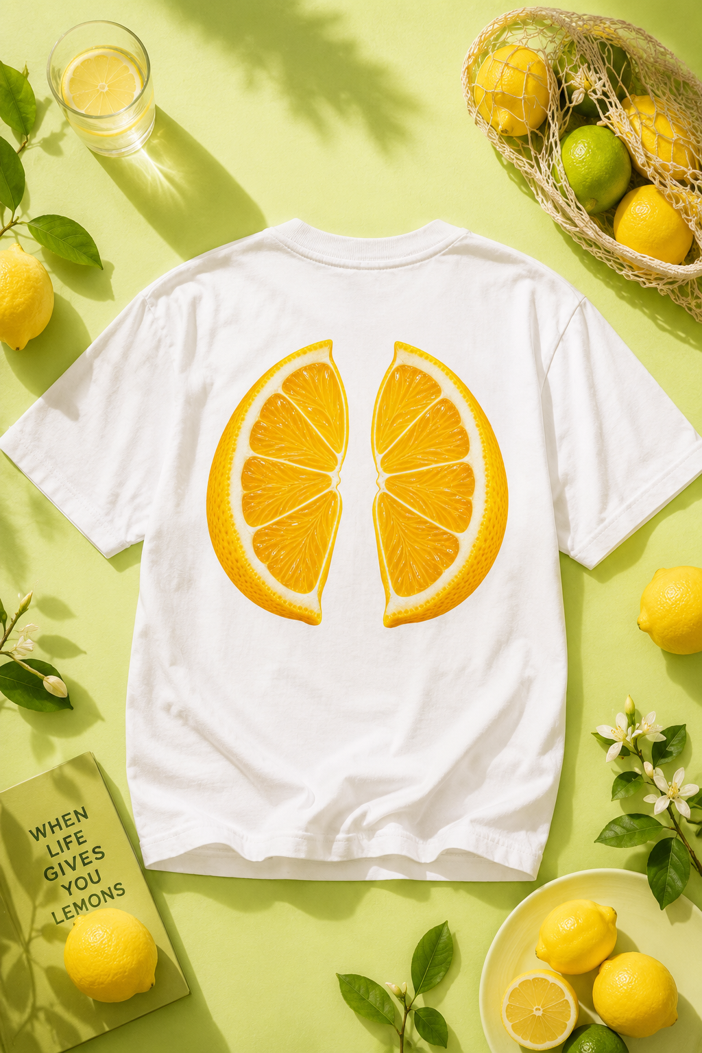 White lemon back print graphic T-shirt flat lay with fresh lemons on a pastel lime background