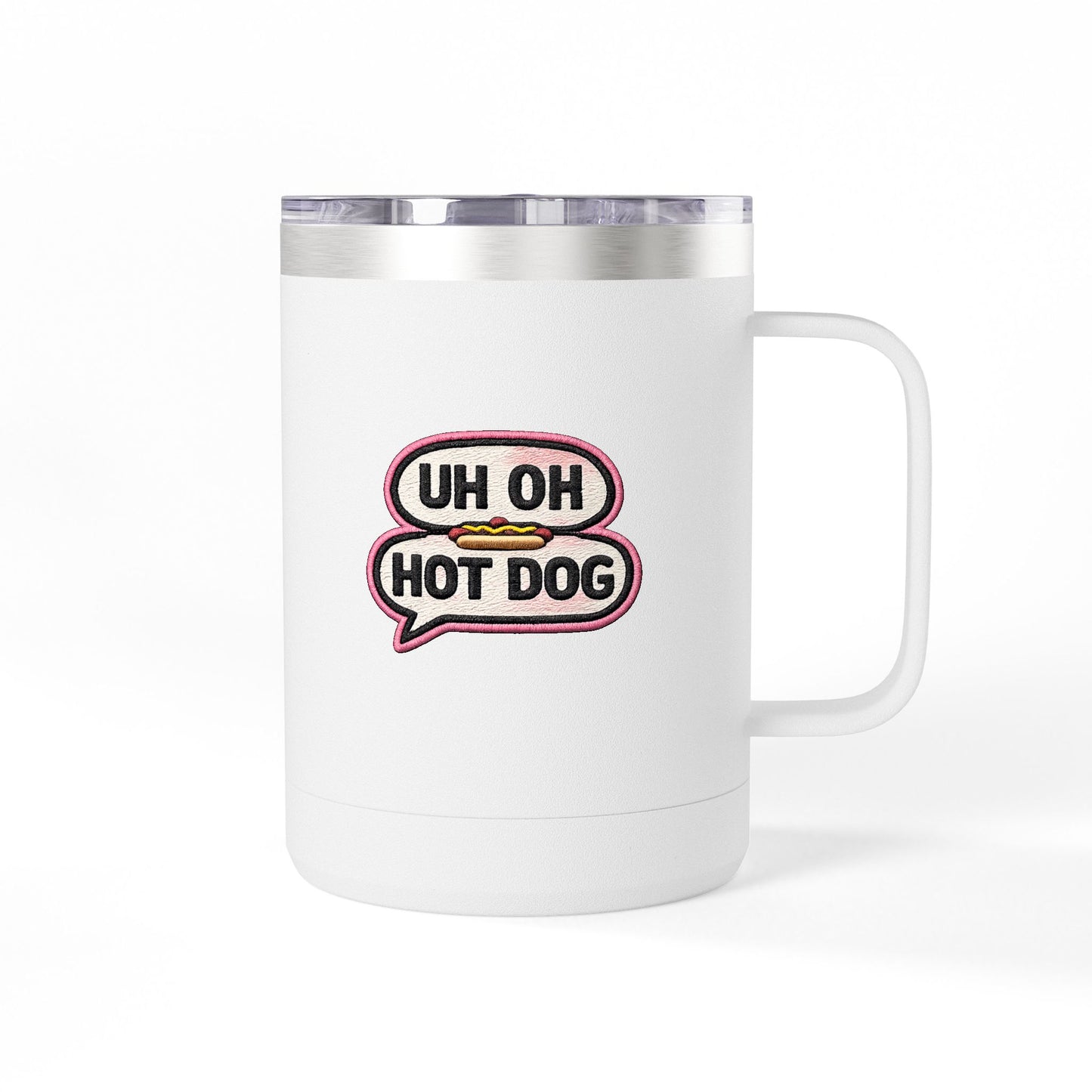White Uh Oh Hot Dog MADtv insulated stainless steel travel mug with lid, back view