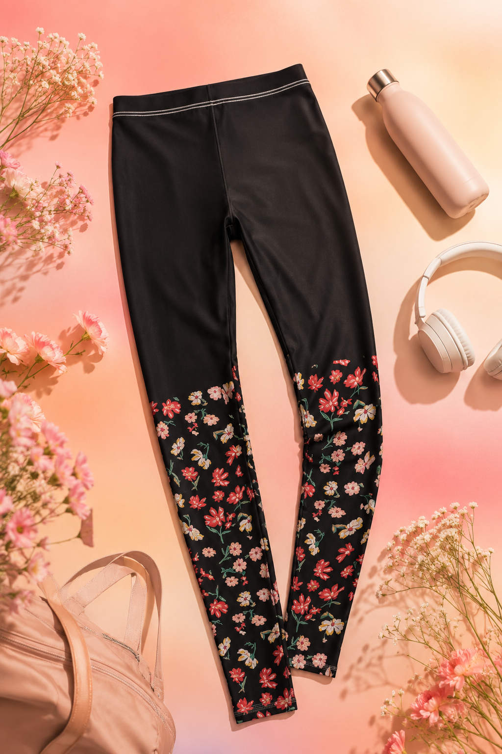 Editorial flat lay of Wildflower Floral Yoga Leggings on a soft pastel background with spring-inspired accessories.