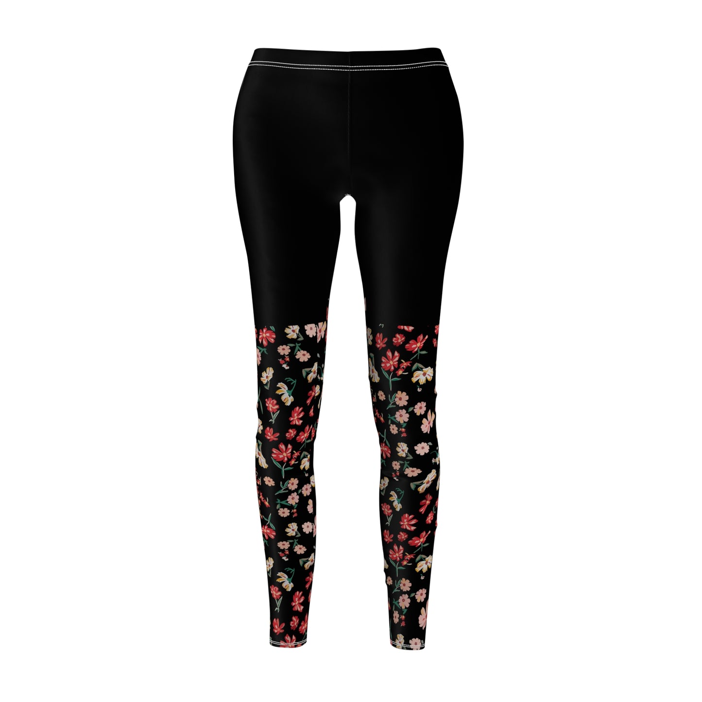 Front view of the Wildflower Floral Yoga Leggings with a sleek black design and colorful floral print.