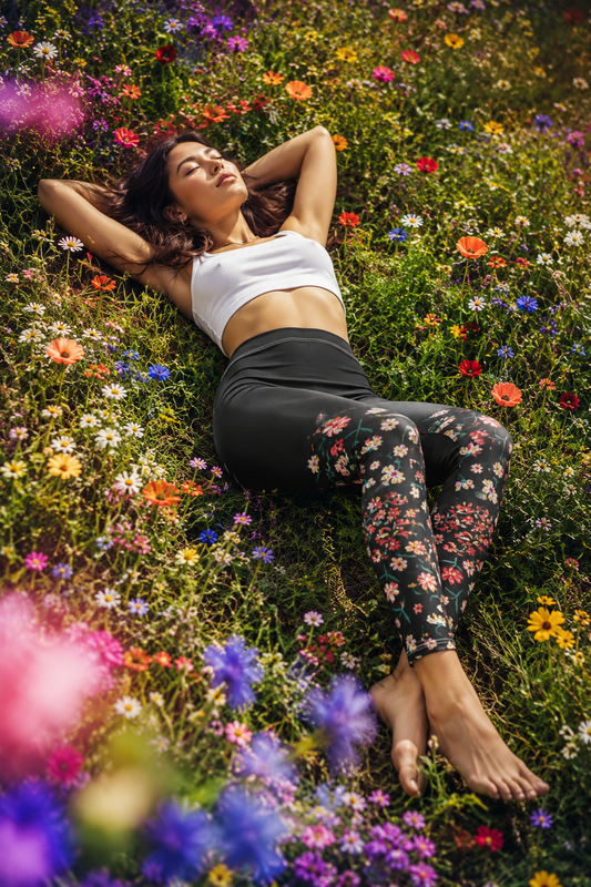 Woman wearing Wildflower Floral Yoga Leggings relaxing in a vibrant wildflower meadow from the Nature Collection.