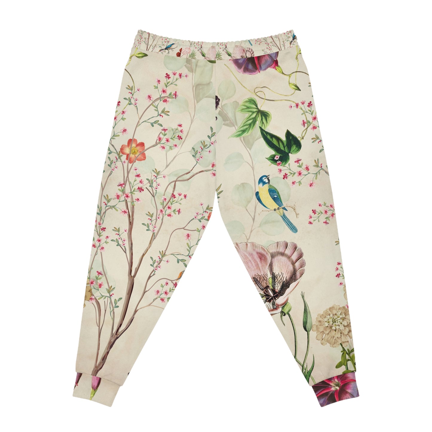 Back view of Wildflower Meadow Joggers with all-over botanical floral print, artistic nature illustrations, and comfortable unisex fit.