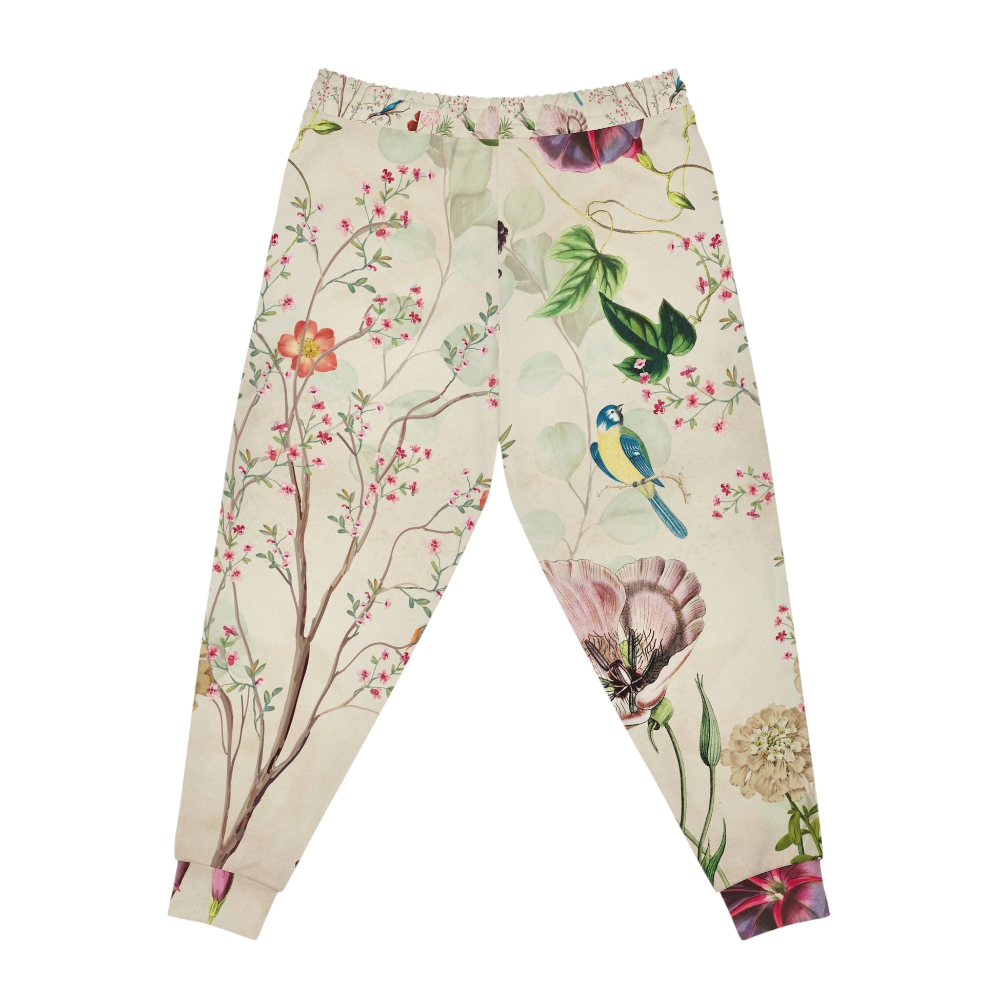 Back view of Wildflower Meadow Joggers with all-over botanical floral print, artistic nature illustrations, and comfortable unisex fit.