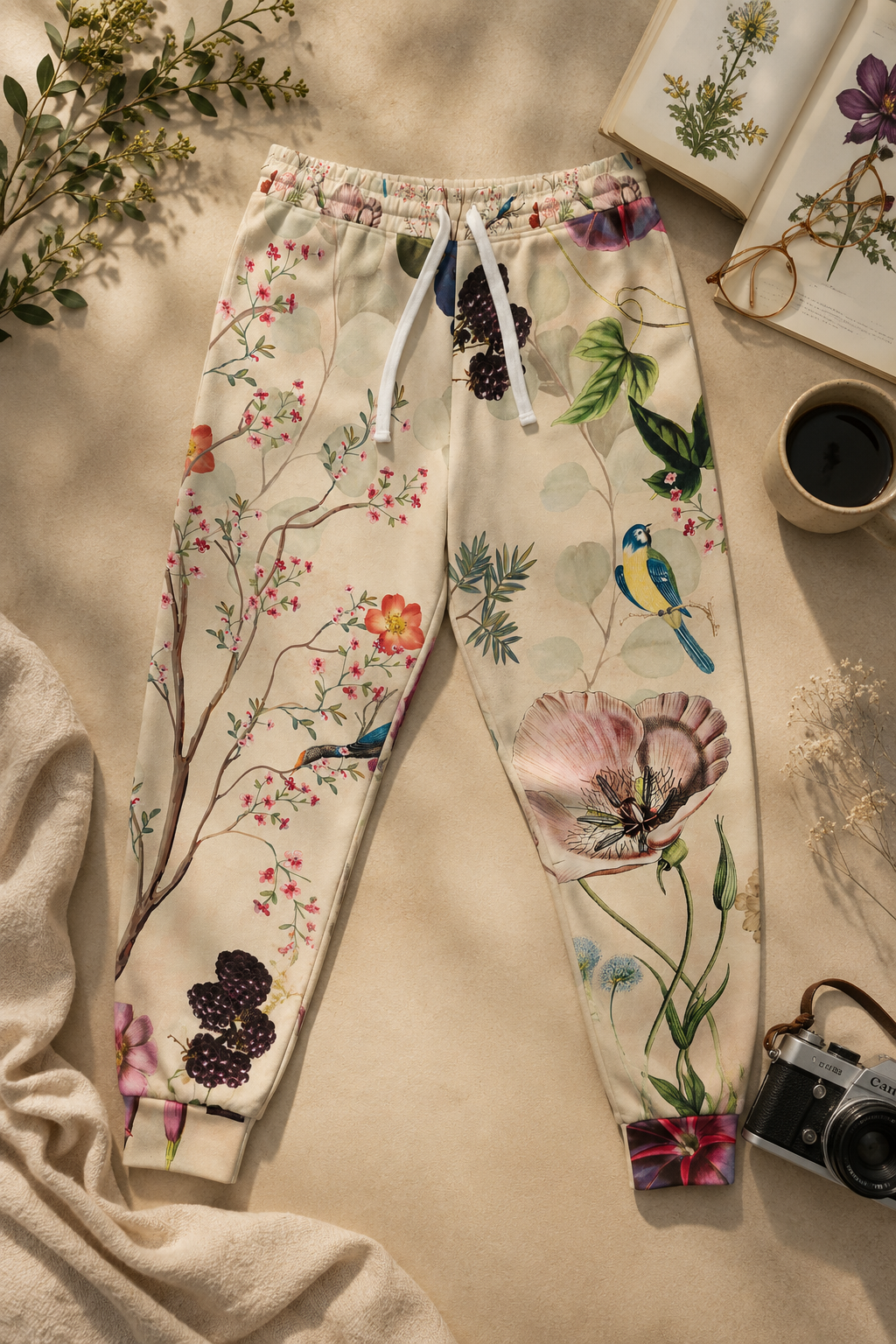 Wildflower Meadow Joggers featuring floral, bird, and botanical illustrations displayed in an editorial flat-lay mockup with soft natural styling and warm neutral tone