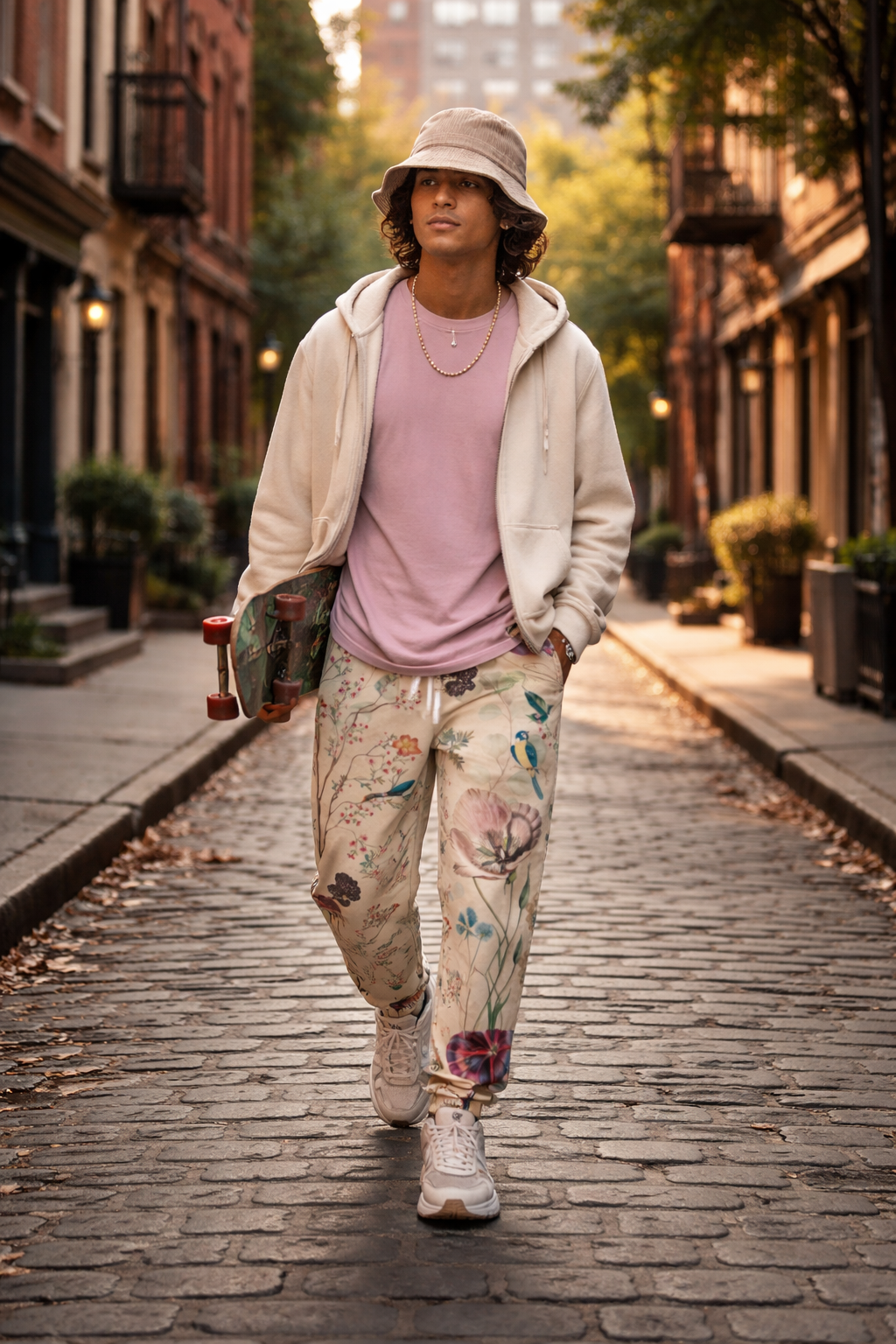 Young person walking down a historic cobblestone street wearing Wildflower Meadow Joggers with botanical floral artwork and nature-inspired print in an editorial lifestyle photography scene.
