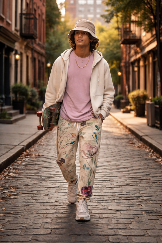 Young person walking down a historic cobblestone street wearing Wildflower Meadow Joggers with botanical floral artwork and nature-inspired print in an editorial lifestyle photography scene.
