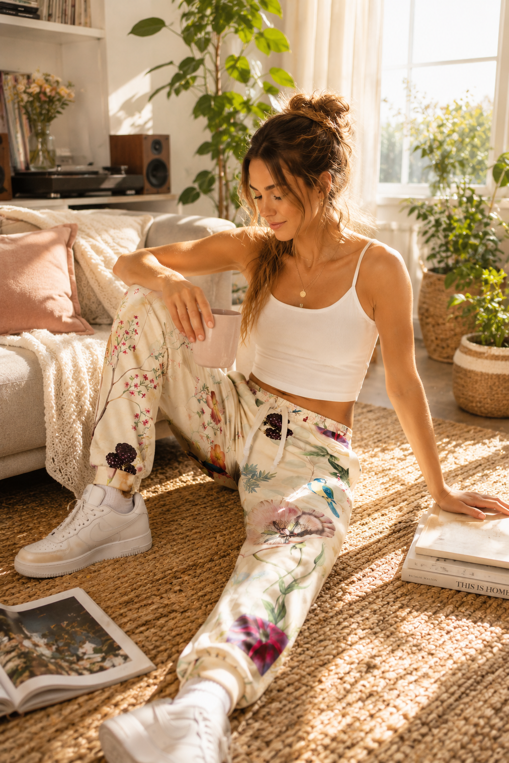 Young woman relaxing in a sunlit room wearing Wildflower Meadow Joggers with floral botanical print in a cozy editorial lifestyle photography scene.