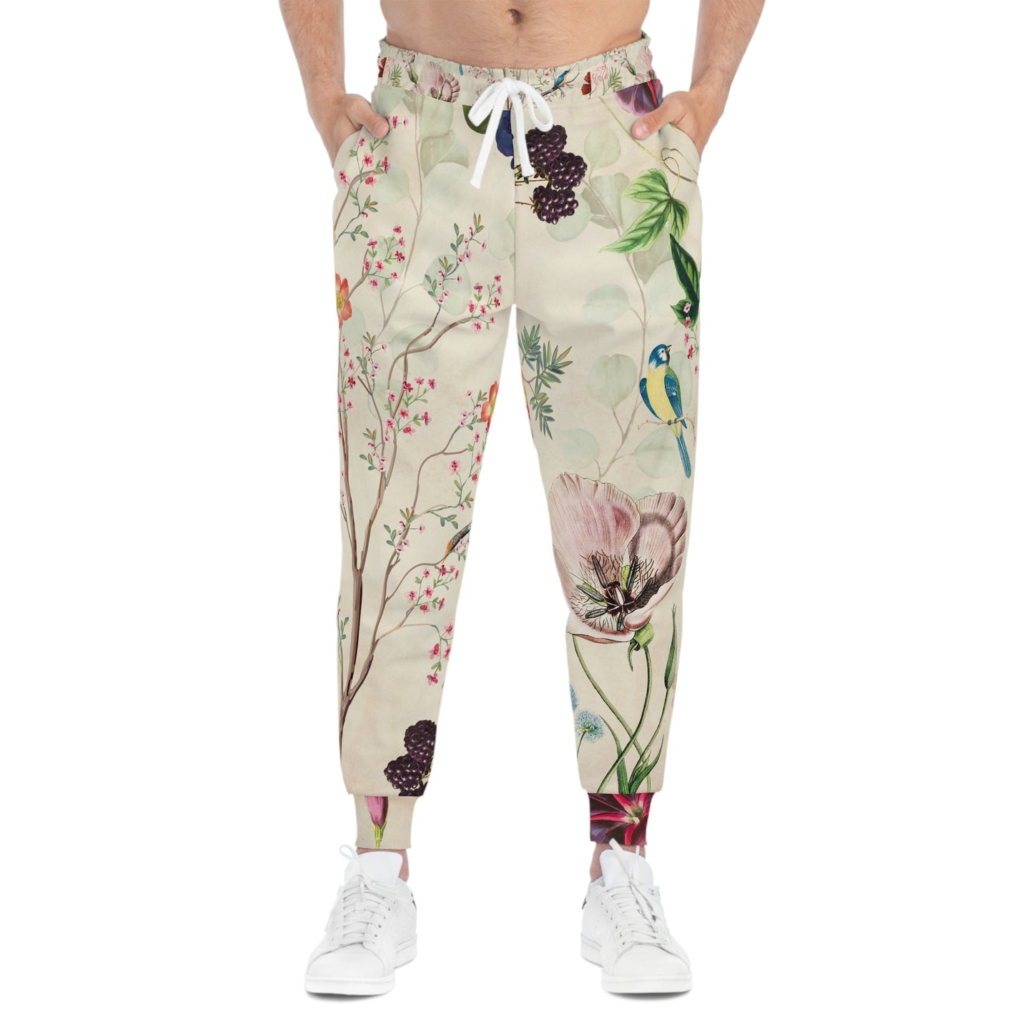 Model wearing Wildflower Meadow Joggers featuring floral botanical artwork, relaxed fit, and nature-inspired design paired with casual everyday styling.