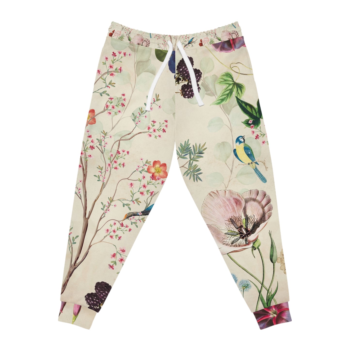 Front view of Wildflower Meadow Joggers featuring detailed botanical flowers, birds, and nature-inspired artwork on a soft cream background.