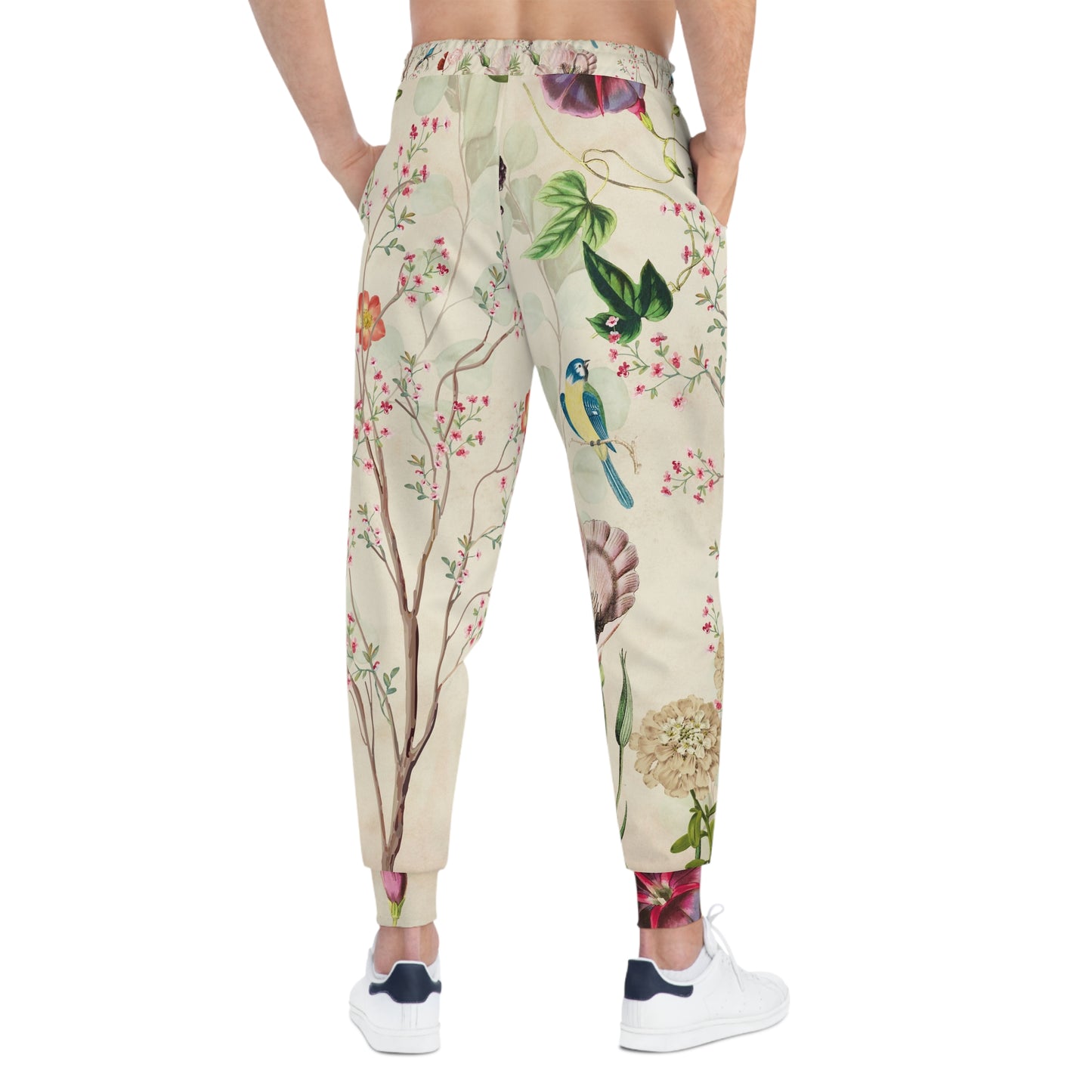 Side view of Wildflower Meadow Joggers highlighting the relaxed silhouette, tapered leg design, and botanical floral print.