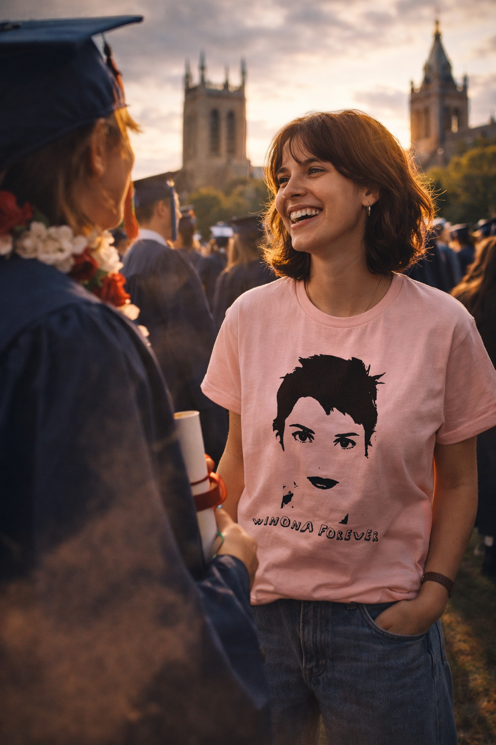 Winona Forever T-Shirt pink graphic tee worn by a woman outdoors
