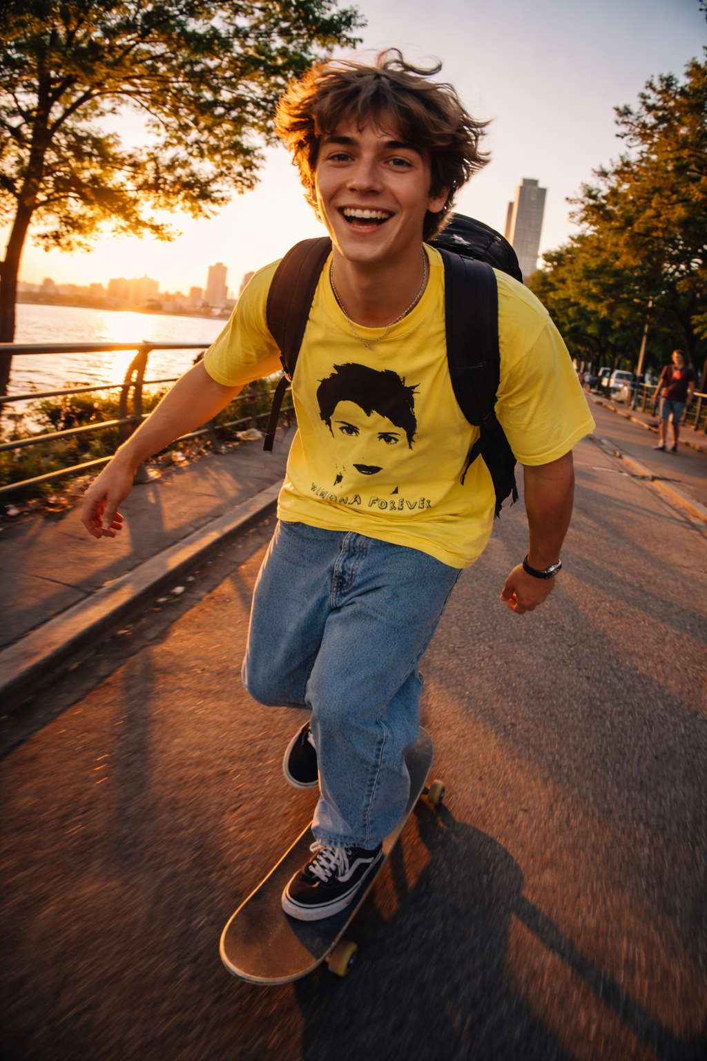 Winona Forever T-Shirt yellow graphic tee worn by a skateboarder riding outdoors in evening light