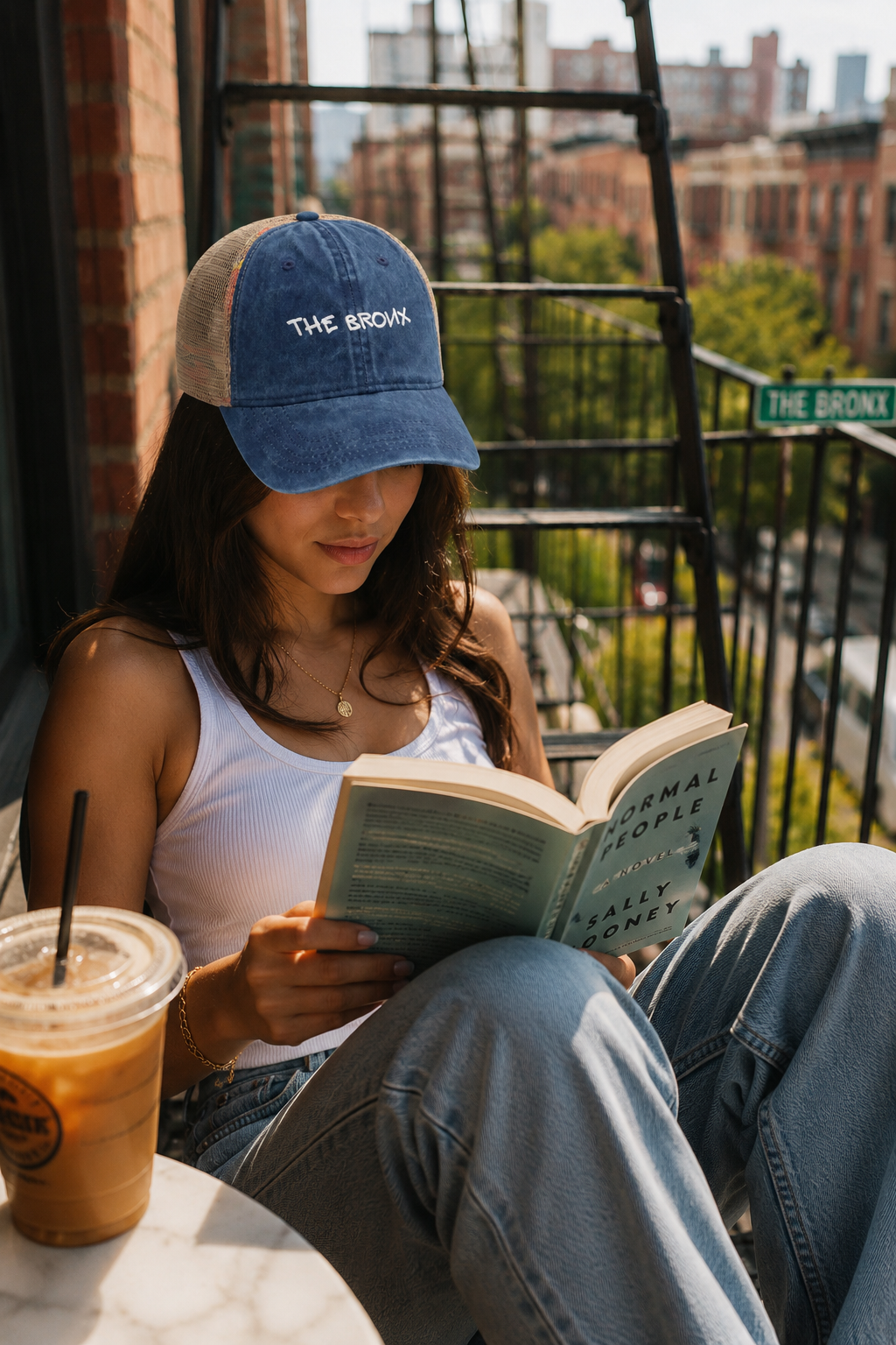 Woman wearing The Bronx vintage blue trucker hat while reading outdoors