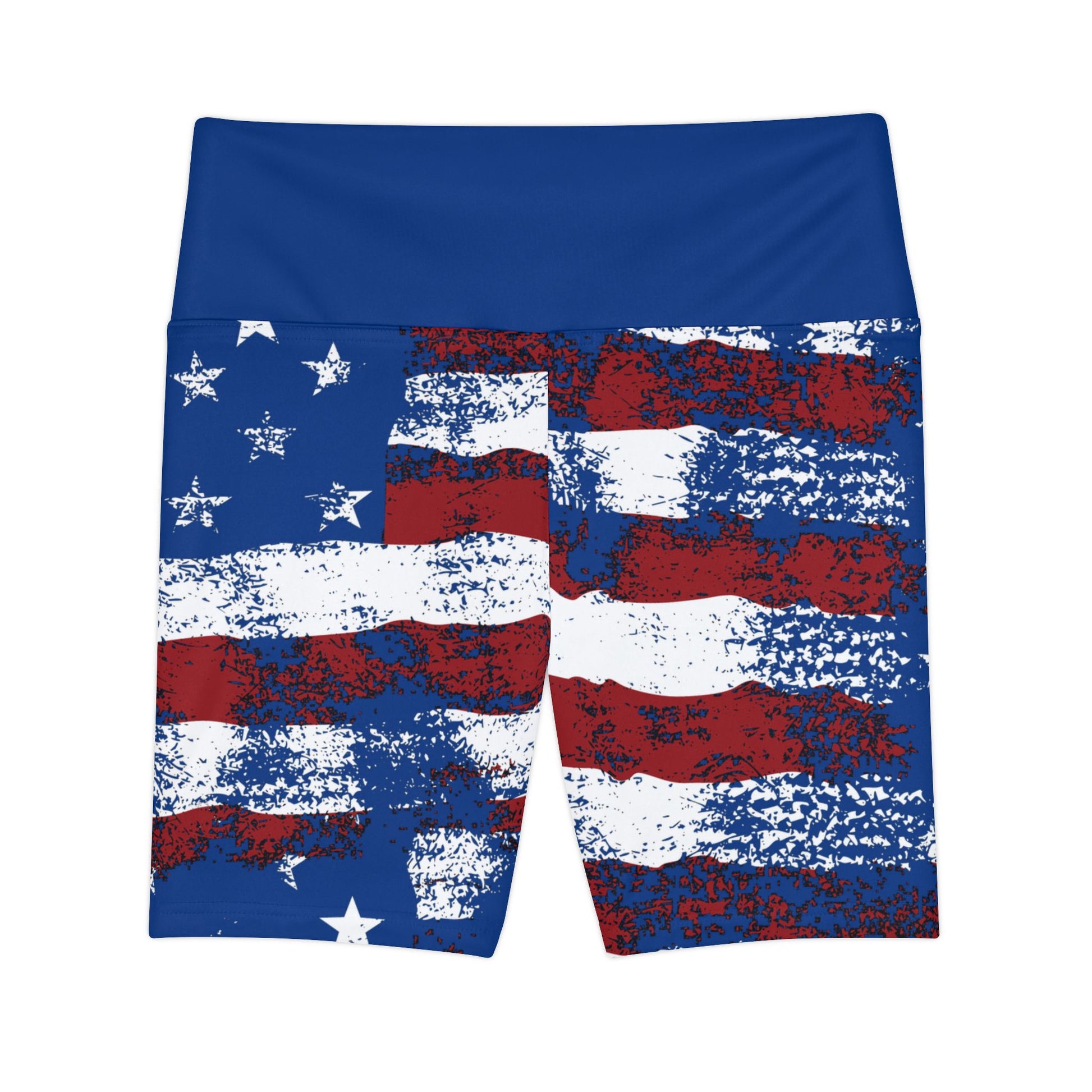 Front view of women's American flag bike shorts featuring a distressed red, white, and blue USA flag design and high-waisted blue waistband.