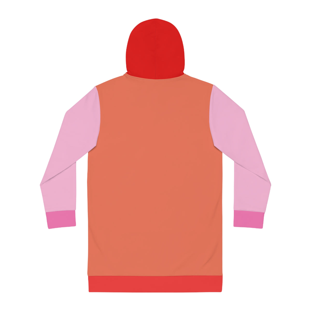 Back view of women’s colorblock hoodie dress with hood detail