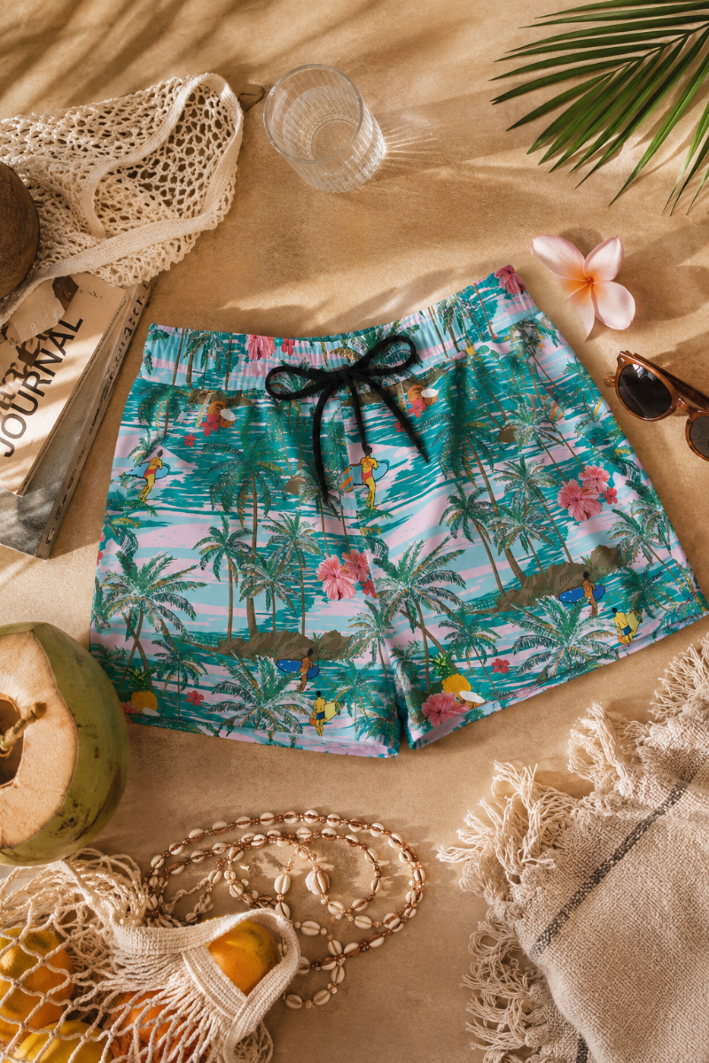 Hawaiian print women’s shorts styled in a summer flat lay with beach accessories and palm shadows