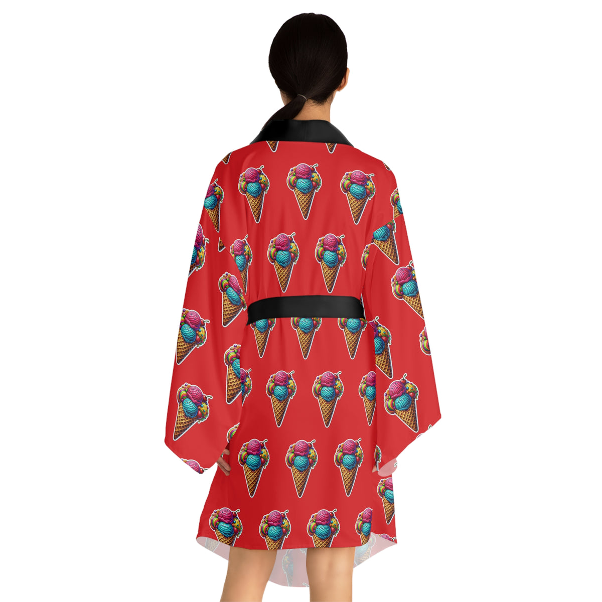 Woman modeling Scoop Dreams ice cream print kimono lounge robe from the back